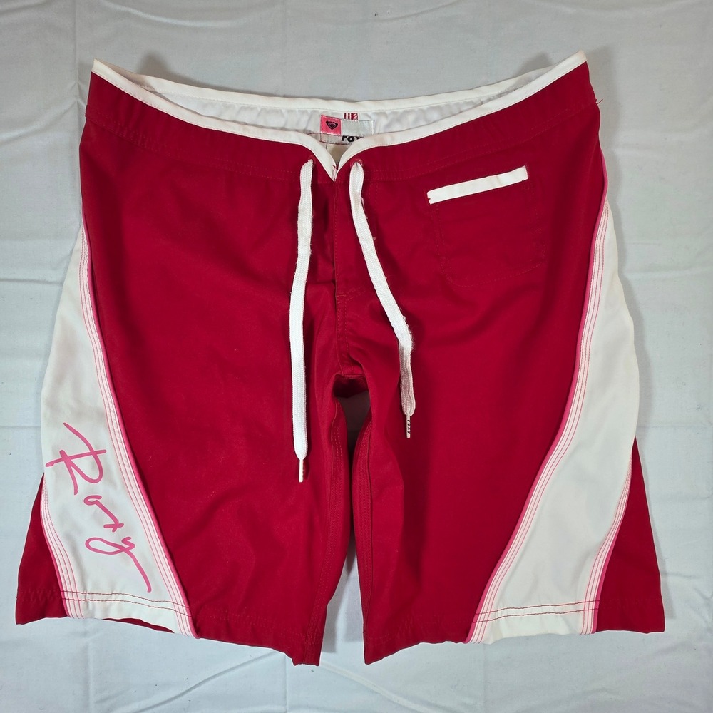 Vintage Y2K Roxy Womens Red White Board Shorts Size 9 Drawstring Logo